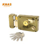 Khas Generation LT-311MN AB Rim Lock in an antique brass finish with a set of keys.