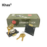 Khas 502H cabinet/drawer lock with a classic design and golden keys.