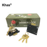 Khas 502L cabinet/drawer lock in a classic black finish with golden keys.