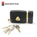 Khas Kilit Plus 540 12B Black Rim Lock with heavy-duty construction, featuring a sleek black finish and brass locking mechanism.