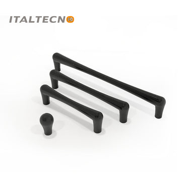 Italtecno 8042 series drawer pulls and knobs in Matte Black finish, available in knob, 96mm, 128mm, and 192mm sizes.