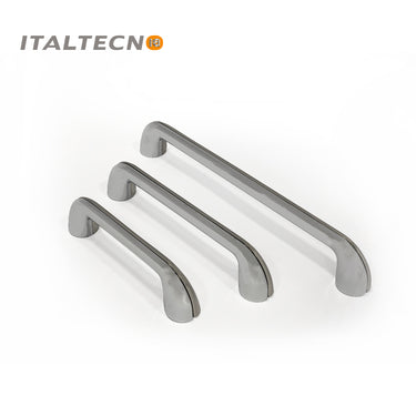 Italtecno 8049 series drawer pulls in Matte Satin Nickel/Chrome Plated finish, available in 96mm, 128mm, and 192mm sizes.