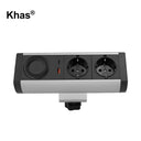 Khas BFF-1836 Black Desktop Clamp Mounted Power Strip Socket with 2 German power sockets, USB Type-C, USB Type-A, and a 15W wireless charger.