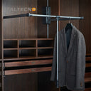 Referencing CLOTH LIFTER 1.jpg, a grey pull-down wardrobe lift is extended outward and downward in a dark wood closet, holding a grey suit jacket on a hanger. CLOTH LIFTER 2.jpg shows a straight-on view of the extended lift mechanism inside the cabinet. CLOTH LIFTER 3.jpg provides a close-up of the adjustable top bar and central T-connector where the pull handle attaches. CLOTH LIFTER 4.jpg illustrates a diagram of the side bracket, showing the pull-down arm extending to a maximum angle of 90 degrees. CLOTH