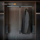 Referencing CLOTH LIFTER 1.jpg, a grey pull-down wardrobe lift is extended outward and downward in a dark wood closet, holding a grey suit jacket on a hanger. CLOTH LIFTER 2.jpg shows a straight-on view of the extended lift mechanism inside the cabinet. CLOTH LIFTER 3.jpg provides a close-up of the adjustable top bar and central T-connector where the pull handle attaches. CLOTH LIFTER 4.jpg illustrates a diagram of the side bracket, showing the pull-down arm extending to a maximum angle of 90 degrees. CLOTH