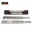 Khas Trend full extension ball bearing drawer slides in an SS finish, displayed alongside their official black and orange branded packaging.