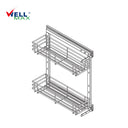 Referencing Drawer baskets PTJ009 1.jpg, a detailed schematic line drawing illustrates the two-tier wire basket structure and its side-mounted sliding tracks. Additionally, Drawer baskets PTJ009.jpg shows the gleaming chrome organizer pulled out from a slim white base cabinet, neatly storing tall bottles of oil and vinegar on the bottom tier, and canned goods on the top tier.