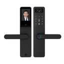 Italtecno F8V smart lock in matt black, showing the exterior keypad with AI camera and lever handle with fingerprint scanner, alongside the interior panel featuring a built-in display screen.