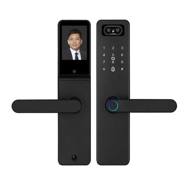 Italtecno F8V smart lock in matt black, showing the exterior keypad with AI camera and lever handle with fingerprint scanner, alongside the interior panel featuring a built-in display screen.