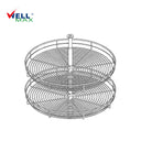 Referencing Full circle lazy susans CZJ440 - 360°Revolving basket 1.jpg, a detailed schematic line drawing illustrates the two-tier, full-circle wire basket structure mounted on a central standing pipe. Additionally, Full circle lazy susans CZJ440 - 360°Revolving basket.jpg showcases the gleaming chrome organizer fully installed in a white corner cabinet, holding stainless steel pots, pans, and glass bowls on its rotating shelves.