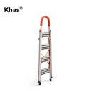 Referencing House Hold Aluminum Ladder With Anti-Slip Pedal 1.jpg, an open 4-step aluminum ladder with vibrant orange side supports and handles stands against a white background. House Hold Aluminum Ladder With Anti-Slip Pedal 2.jpg displays the same ladder folded completely flat. House Hold Aluminum Ladder With Anti-Slip Pedal 3.jpg provides close-up callouts highlighting the comfortable non-slip handle, reinforced construction, widen anti-skid pedals, and protective non-slip bottom covers. House Hold Alum
