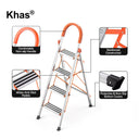 Referencing House Hold Aluminum Ladder With Anti-Slip Pedal 1.jpg, an open 4-step aluminum ladder with vibrant orange side supports and handles stands against a white background. House Hold Aluminum Ladder With Anti-Slip Pedal 2.jpg displays the same ladder folded completely flat. House Hold Aluminum Ladder With Anti-Slip Pedal 3.jpg provides close-up callouts highlighting the comfortable non-slip handle, reinforced construction, widen anti-skid pedals, and protective non-slip bottom covers. House Hold Alum