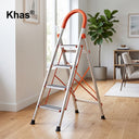 Referencing House Hold Aluminum Ladder With Anti-Slip Pedal 1.jpg, an open 4-step aluminum ladder with vibrant orange side supports and handles stands against a white background. House Hold Aluminum Ladder With Anti-Slip Pedal 2.jpg displays the same ladder folded completely flat. House Hold Aluminum Ladder With Anti-Slip Pedal 3.jpg provides close-up callouts highlighting the comfortable non-slip handle, reinforced construction, widen anti-skid pedals, and protective non-slip bottom covers. House Hold Alum