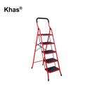 Referencing House Hold Steel Ladder With Square Handle 1.jpg, an open 5-step steel ladder featuring a bright red frame and black steps stands against a white background. House Hold Steel Ladder With Square Handle 2.jpg displays close-up callouts highlighting the ladder's padded square handrail, plastic non-slip pedal, non-slip feet, pedal fixed hook, and cross-braced solid structure. House Hold Steel Ladder With Square Handle.jpg shows a man safely using the red 5-step ladder in a garage to reach the top sh