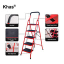 Referencing House Hold Steel Ladder With Square Handle 1.jpg, an open 5-step steel ladder featuring a bright red frame and black steps stands against a white background. House Hold Steel Ladder With Square Handle 2.jpg displays close-up callouts highlighting the ladder's padded square handrail, plastic non-slip pedal, non-slip feet, pedal fixed hook, and cross-braced solid structure. House Hold Steel Ladder With Square Handle.jpg shows a man safely using the red 5-step ladder in a garage to reach the top sh