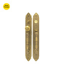 Khas Triumph KE18L-9056-9005 MAE Double Handle Residential Entrance Set with detailed engravings and a matt antique brass finish.