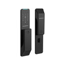 Italtecno KX2 push-pull automatic smart door lock in black, featuring a sleek glass texture panel, digital keypad, and integrated doorbell.