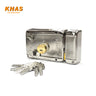 Khas Generation LT-311MN SN/NP Rim Lock with satin nickel and nickel-plated finish, accompanied by keys.