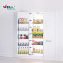 Referencing Larder unit basket with soft-closing PTJ022B 3.jpg, a detailed line drawing displays the complete tall 6-layer pull-out larder structure and its door-mounted shelving setup. Larder unit basket with soft-closing PTJ022B 1.jpg shows individual empty chrome wire baskets, while Larder unit basket with soft-closing PTJ022B 2.jpg highlights a close-up of the detailed chrome wire finish. Larder unit basket with soft-closing PTJ022B.jpg showcases the fully installed larder unit in a white tall cabinet,