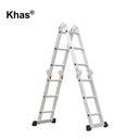 Referencing image 52, the Khas aluminum multipurpose ladder is set up in a folded A-frame position inside a well-lit garage or workshop environment. Image 53 provides detailed close-up callouts highlighting the ladder's locking hinges for safety, anti-slip rungs, non-skid protection on the feet, and the bottom stabilizer bar. Image 54 shows the ladder isolated on a plain white background in its A-frame configuration, clearly displaying its multiple folding joints and locking mechanisms.