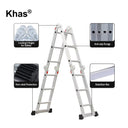 Referencing image 52, the Khas aluminum multipurpose ladder is set up in a folded A-frame position inside a well-lit garage or workshop environment. Image 53 provides detailed close-up callouts highlighting the ladder's locking hinges for safety, anti-slip rungs, non-skid protection on the feet, and the bottom stabilizer bar. Image 54 shows the ladder isolated on a plain white background in its A-frame configuration, clearly displaying its multiple folding joints and locking mechanisms.