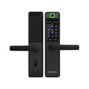 Italtecno NF21T smart fingerprint lock in black, featuring a digital keypad, card reader, and lever handle.