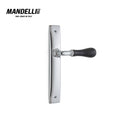Mandelli 8010 Naxos door handle on back plate in polished chrome/black Marquinia, exemplifying sleek design and luxurious appeal.