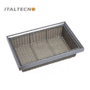Referencing RATTAN BASKET 1.jpg, a pull-out grey rattan basket in a dark wood wardrobe holds neatly folded striped and textured dark clothing. RATTAN BASKET 2.jpg shows the empty grey PE imitation rattan basket pulled out from the closet shelf. RATTAN BASKET 3.jpg displays a graphic showing the internal mechanisms of the silent damping guide rail with orange arrows indicating smooth movement. RATTAN BASKET 4.jpg provides a close-up highlighting the frosted grey space aluminum frame edge and the woven rattan