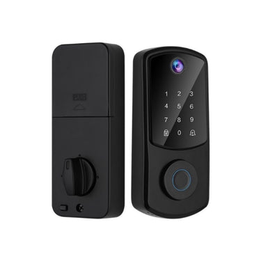 Italtecno S0-D10 smart deadbolt in matt black, showing the exterior keypad with top camera and fingerprint scanner, and the interior panel with a manual turn knob.