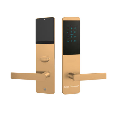 Khas Triumph S0101 card access smart door lock in gold, featuring a digital keypad, RFID reader, and sleek lever handle.