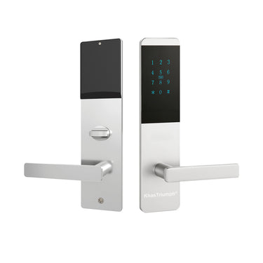 Khas Triumph S0101 card access smart door lock in silver, featuring a digital keypad, RFID reader, and sleek lever handle.