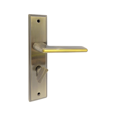 S1245H1775 door handle set on a rectangular backplate in an AB/GP finish, featuring a lever with a bright gold inlay and a privacy turn knob.
