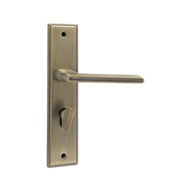 S1245H1775 door handle set on a rectangular backplate in an AB/MAB finish, featuring a lever with a dark inlay and a privacy turn knob.