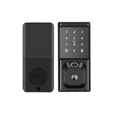 Italtecno S12 smart deadbolt in matt black, showing the exterior keypad with fingerprint scanner and the interior panel with a manual turn knob.