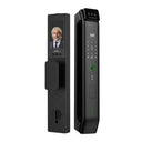 Italtecno W6R smart lock in matt black, featuring a top-mounted camera, digital keypad, fingerprint scanner, and a built-in indoor display screen.