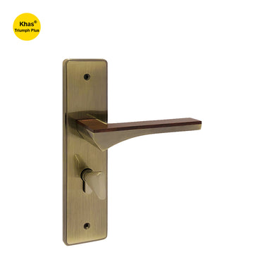 Khas Triumph Plus WD002 door handle set in antique brass and wood finish, featuring a stylish wood inlay and ergonomic design.