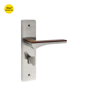 Khas Triumph Plus WD002 door handle set in satin nickel finish with wood accent, offering a sleek and ergonomic design.
