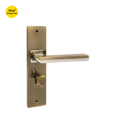 Khas Triumph Plus WD1499 door handle set in antique brass and polished chrome finish, featuring a modern square design for a sleek look.