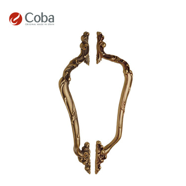 Bronces Coba 1021 Pull Handle Set in OLD ANTIQUE BRASS Finish, made in Spain, featuring an ornate design and solid brass construction.