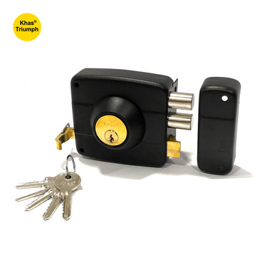 Khas Triumph 1118 Rim Lock in matt black, featuring a heavy-duty design and reliable security mechanism.