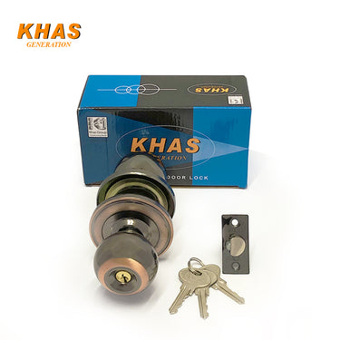 Khas Generation 118399 BN/AC Round Lock in brushed nickel and antique copper finish, includes three keys and installation hardware.

