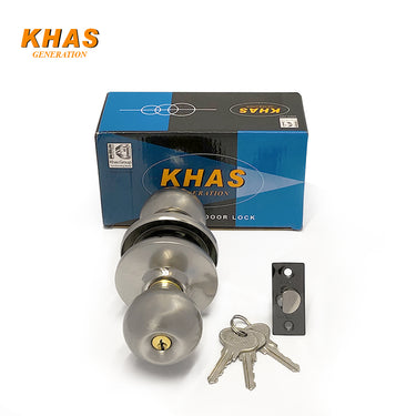 Khas Generation 118500 SS Brush Round Lock with a stainless steel brushed finish, including three keys and installation hardware.