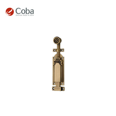 Bronces Coba 1201 Door Bolt in Old Antique Brass finish, made in Spain, featuring intricate detailing and solid brass construction.