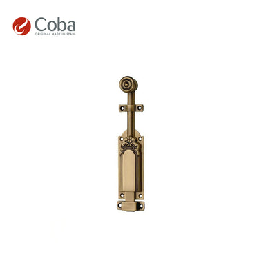 Bronces Coba 1202 Door Bolt in Old Antique Brass finish, made in Spain, featuring intricate detailing and solid brass construction.