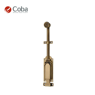 Bronces Coba 1203 Door Bolt in Old Antique Brass finish, made in Spain, featuring intricate detailing and solid brass construction.