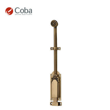 Bronces Coba 1204 Door Bolt in Old Antique Brass finish, made in Spain, featuring intricate detailing and solid brass construction.