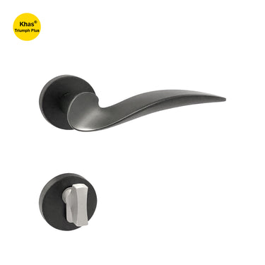 Khas Triumph Plus 1221 door handle set with rosette in Matt Black finish, featuring a sleek, curved handle and smooth modern design.