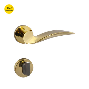 Khas Triumph Plus 1221 door handle set with rosette in PVD finish, featuring a sleek, curved handle with a high-gloss shine.