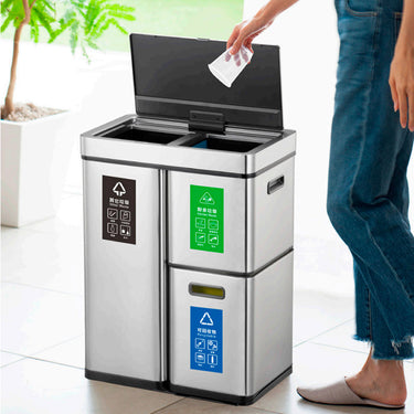 EKO Mirage Plus Sensor Recycler EK9338 in brushed stainless steel, 60 Litre capacity with separate compartments for efficient sorting, featuring sensor and manual functions.