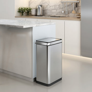 EKO TouchPro Bin EK9179 in brushed stainless steel, 30 litres, featuring a hands-free aluminium alloy touch bar and multiple ways to open, ideal for busy kitchens or offices.